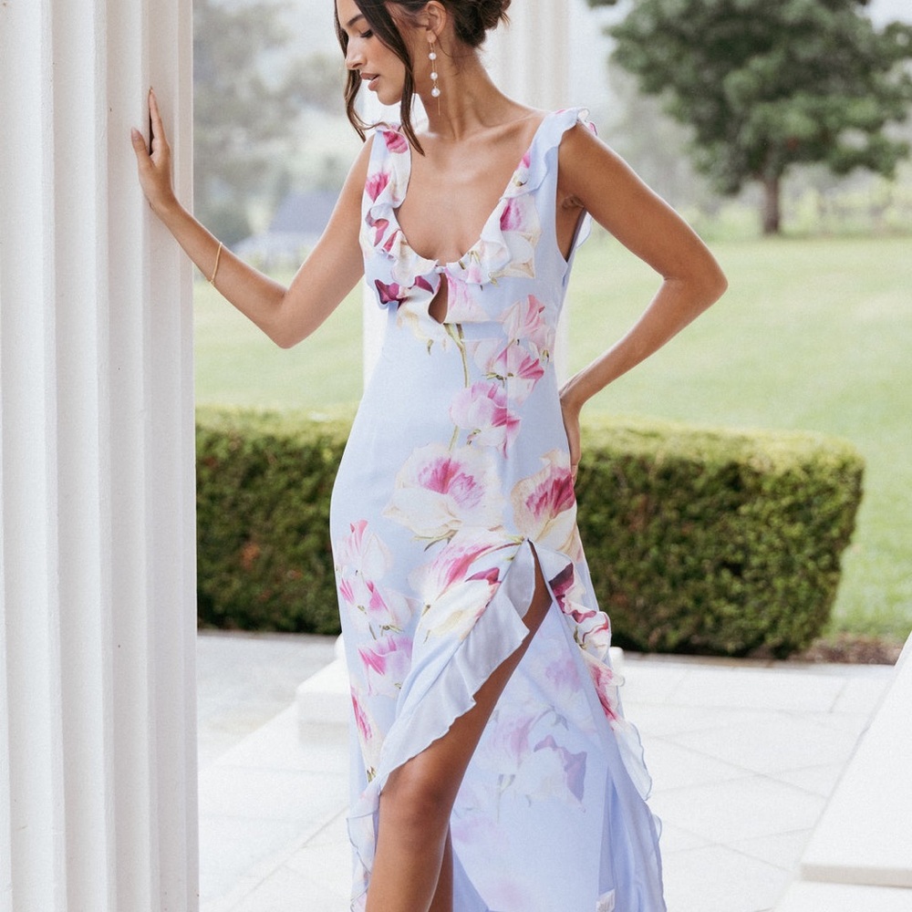 Floral Ruffle Maxi Dress - Pink and White